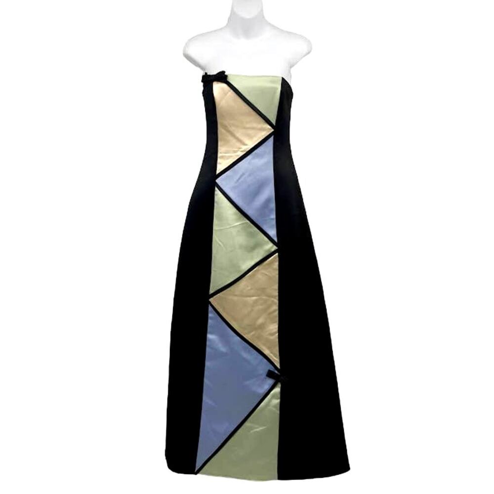 Vtg Jessica Mcclintock Gunne Sax Colorblock Strapless Dress Y2k Geometric Satin